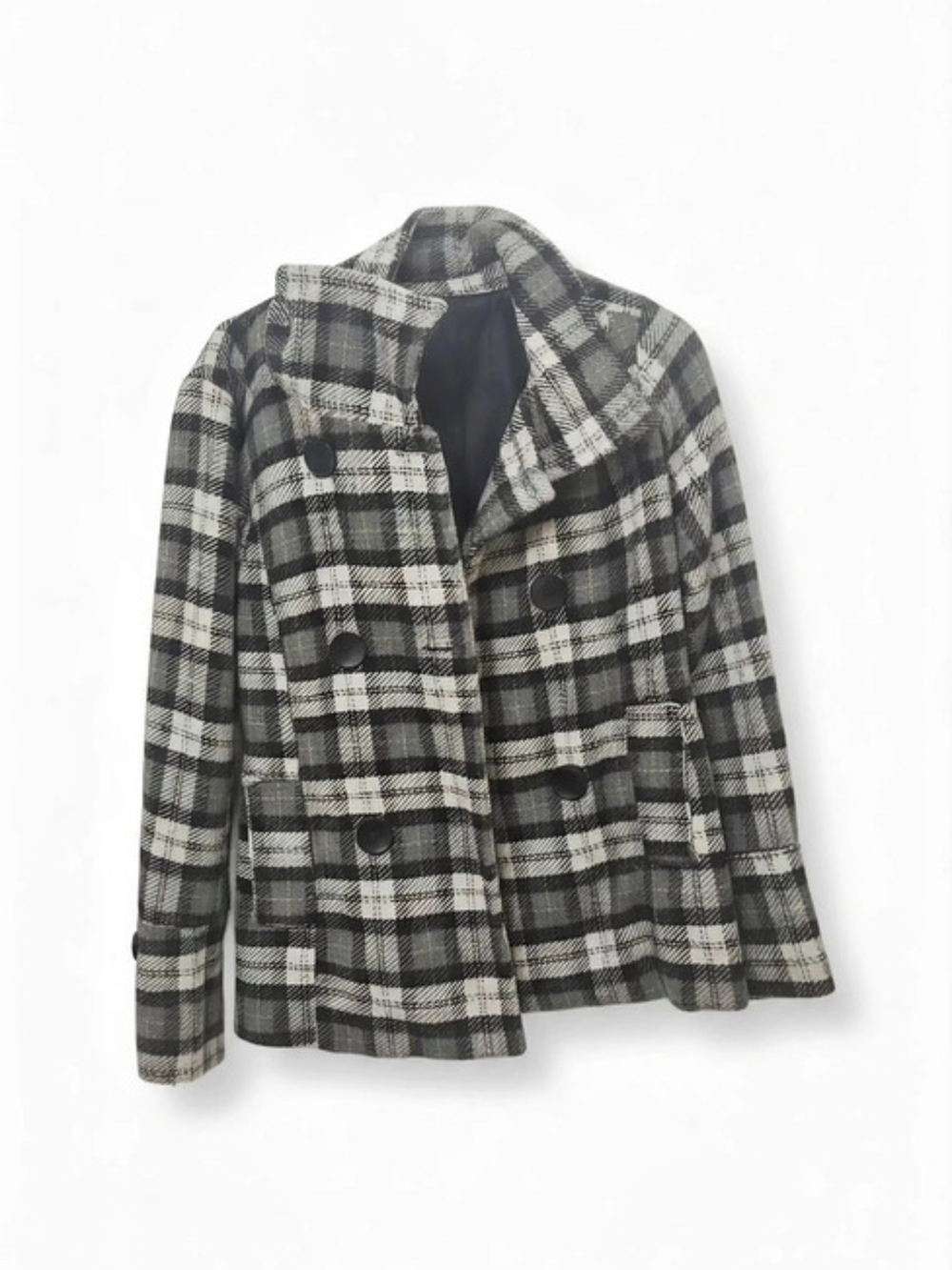 Aviva Plaid Pea Coat in Black & Gray Size Large